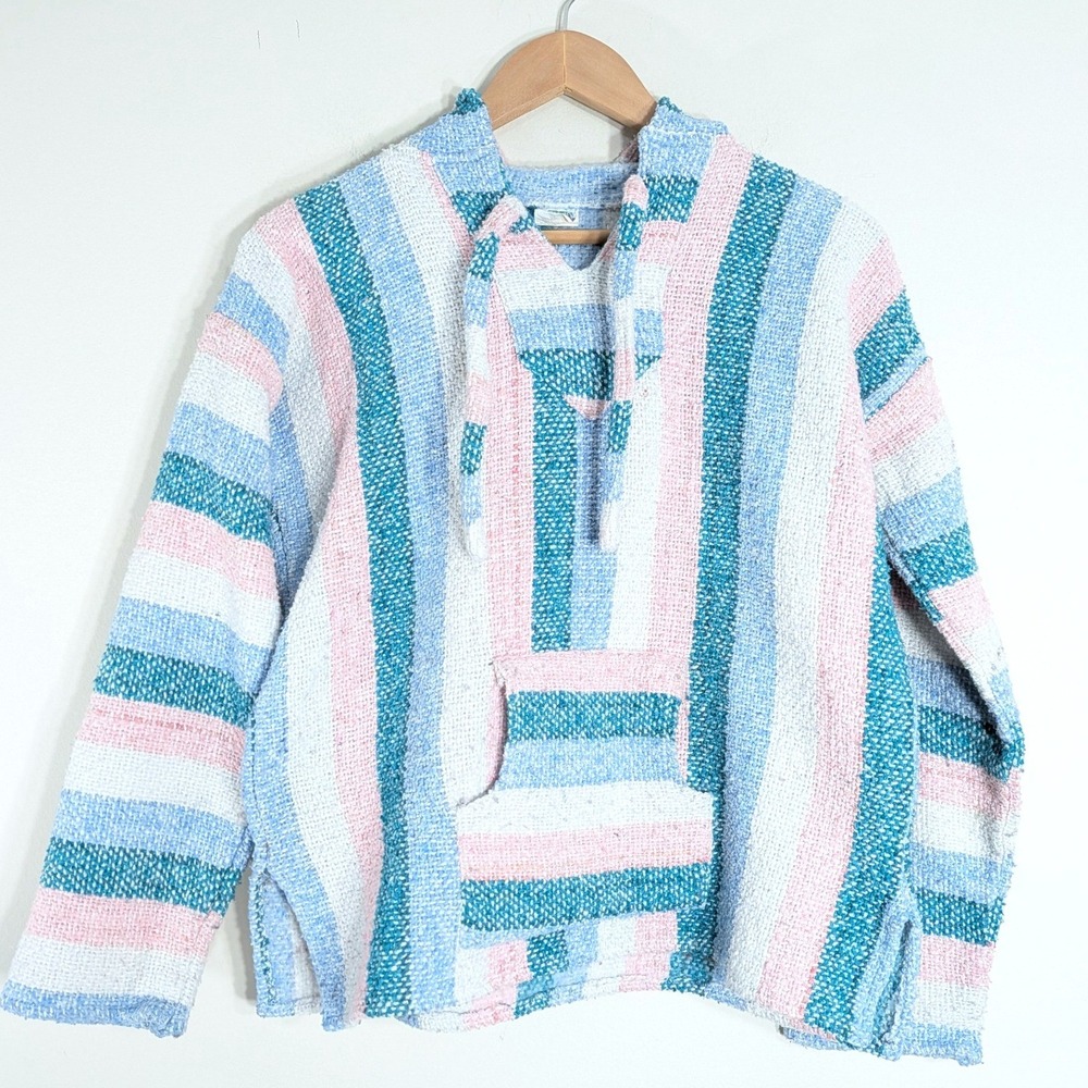Emisa Pink Blue Baja Hoodie; Pastel Striped Mexican Blanket Pullover
